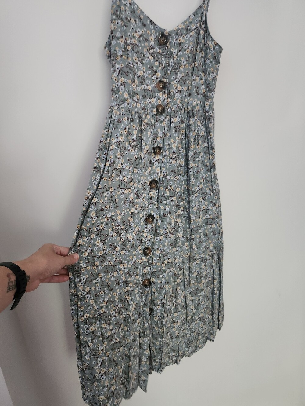Sage Green Floral Midi Sundress Medium 100% Rayon, Stretch, 'Japna'